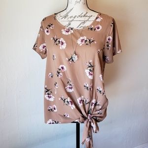 Tan Floral Short Sleeve Tie Front Top, Size L